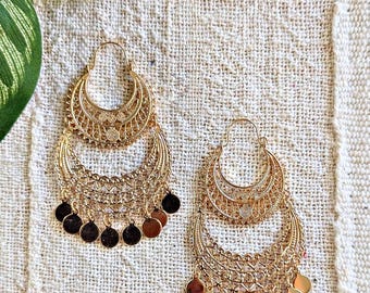 Gold Tone Moroccan Chandelier Earrings: Boho Statement Dangle Jewelry