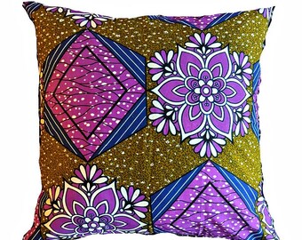 Housse de coussin à imprimé africain : tissu Ankara violet, olive et bleu marine
