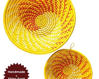 Panier mural fait main en raphia | Décoration Africaine Jaune, Coupe À Fruits