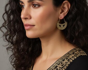 Gold Tribal Statement Hoop Earrings | Boho Crescent Moon Ethnic Jewelry