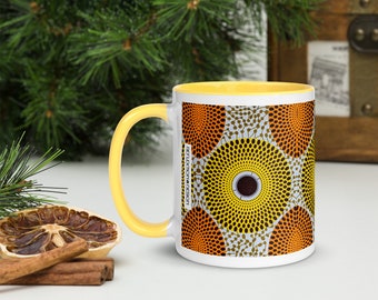 Tasse à café à imprimé africain | Motif Nsu Bura, céramique jaune et orange, 11 oz