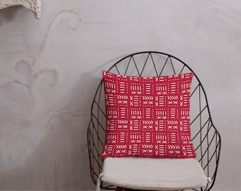 Mud Cloth Pillow | Red and White Geometric Pattern | African-Inspired Home Decor