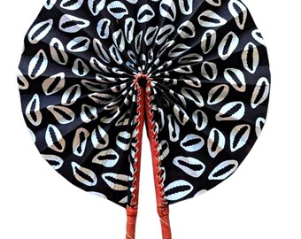 African Print Fabric Folding Hand Fan | Black White Cowrie Shell Pattern | Handmade in Ghana