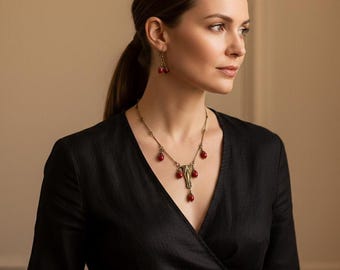 Ensemble de colliers de perles rouges vintage, boucles d'oreilles pendantes en or antiques, bijoux tendance vieux monde