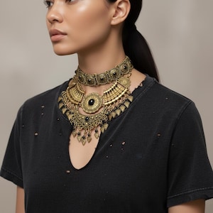 Gold Tone Cleopatra Goddess Choker | African Jewelry | Lightweight Silver Statement Bib Necklace | Egyptian Style Jewelry