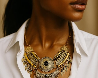 May include: A gold-toned statement necklace featuring an intricate circular centerpiece with a central black stone, flanked by textured rectangular panels and a crescent-shaped drop pendant, all accented with small dangling black stone charms.