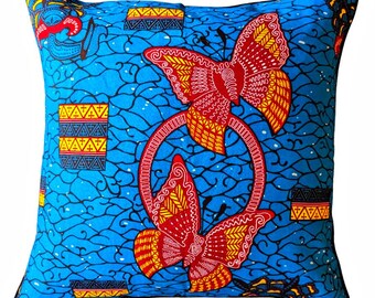 Housse de coussin en tissu bleu à imprimé africain | Coussin décoratif à motif papillon | Fermeture éclair dissimulée en coton