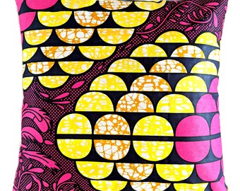 Housse de coussin en tissu à imprimé africain - Fuchsia noir jaune Coussin | Fermeture éclair cachée amovible