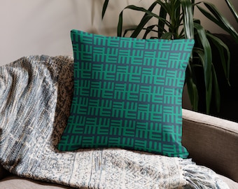 Blue Green Geometric Abstract Pattern Throw Pillow, African Inspired Modern Cushion | Insert Included Hidden Zipper