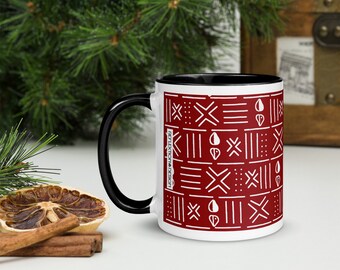 Tasse à café rouge et blanche en tissu de boue africaine - Tasse bohème en céramique