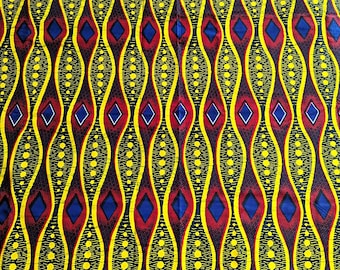 Tissu africain imprimé rouge bleu jaune | Pièce de 2 verges | 100 % coton