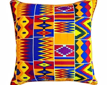Housse de coussin bleu orange à motif kente | Coussin décoratif en tissu à imprimé africain | Fermeture éclair dissimulée en coton