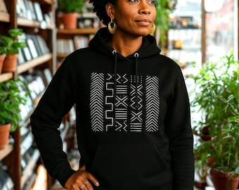 Black White Mud Cloth Pattern Hoodie | African Print Sweatshirt | Unisex Geometric Front Pocket