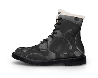 Black Marble cell Pattern Fur-Lined Boots | Leather Ankle Boots