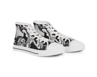 Black White Marble Swirl cell art High Top Sneakers | Abstract Pattern Shoes