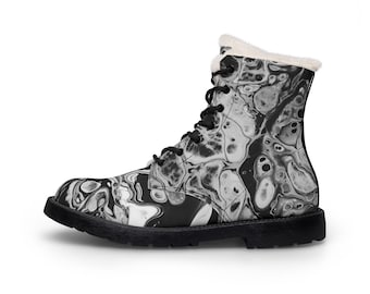 Black White Marble Floral Boots | Fur Lined Leather Boots
