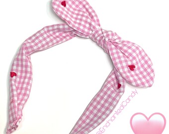 NEW- READY to SHIP Pink Heart Gingham Valentines Day Bow Knot Knotty Headband