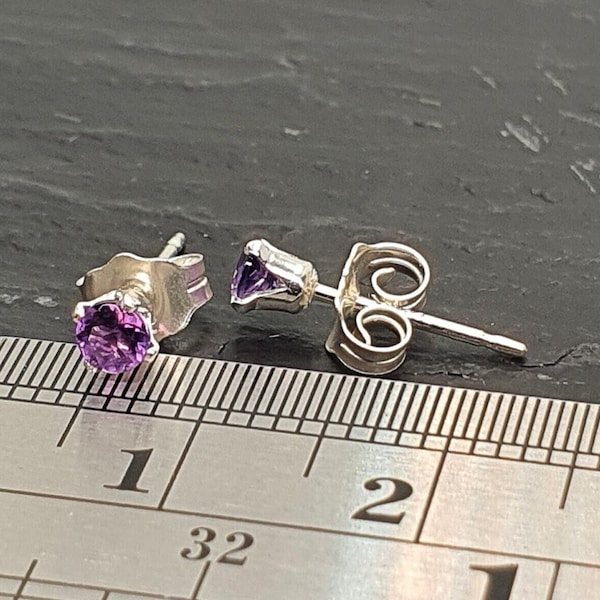 Tiny Amethyst Sterling Silver Earrings • 3mm Stud Earrings • February Birthstone