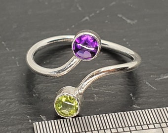Amethyst and Peridot Silver Ring • Two Stone Crystal Ring • Adjustable Sterling Silver Ring