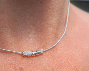 Minimalist Silver Snake Chain Choker • Fidget Necklace • Sterling Silver Beaded Necklace