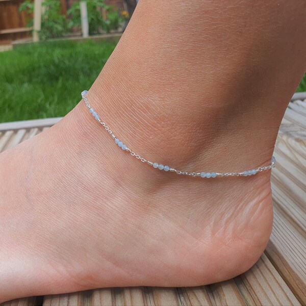Aquamarine Silver Dainty Anklet • Sterling Silver Crystal Anklet • Baby Blue Beaded Anklet • Beach Anklet • Birthstone Anklet