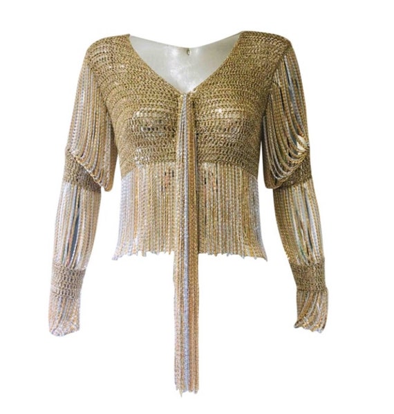 RARE 1970s authentic Loris Azzaro Gold and Silver Chain & Knit Top with Chain Tassel