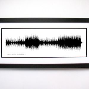 May include: A black and white framed print of a sound wave with the text "NEVER GONNA SAY GOODBYE" underneath.