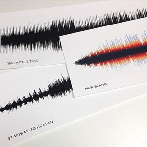May include: Three black and white sound wave prints with the song titles "Time After Time", "Stairway to Heaven", and "New Slang" printed below each wave.