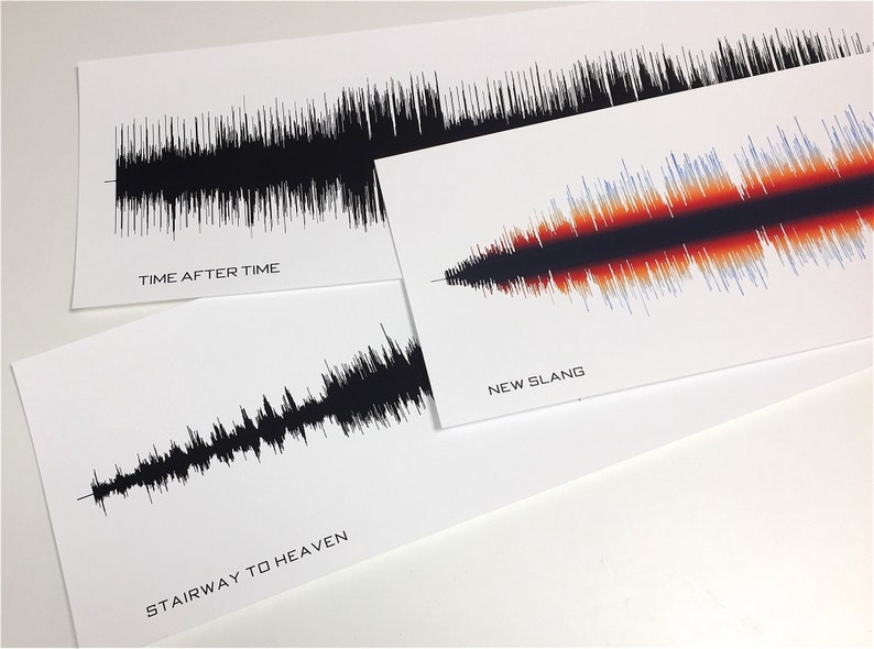May include: Three black and white sound wave prints with the song titles "Time After Time", "Stairway to Heaven", and "New Slang" printed below each wave.