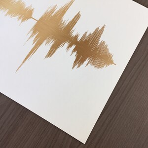May include: A white card with a gold foil sound wave design. The sound wave is a visual representation of an audio recording.