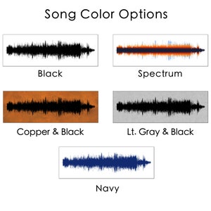 May include: Five different color options for a song wave art print. The options are black, spectrum, copper and black, light gray and black, and navy.