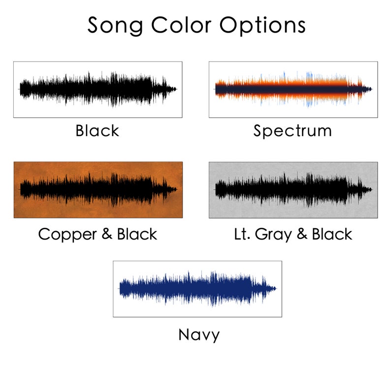 May include: Five different color options for a song wave art print. The options are black, spectrum, copper and black, light gray and black, and navy.