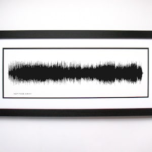 May include: A black and white framed print of a sound wave with the text "NOT FADE AWAY" below it.