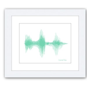 May include: A framed print of a green sound wave with the text "I Love You" below it.