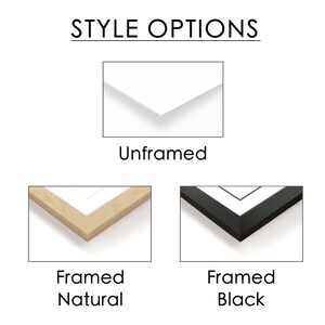 May include: Three framing options for a print: unframed, framed in natural wood, and framed in black.