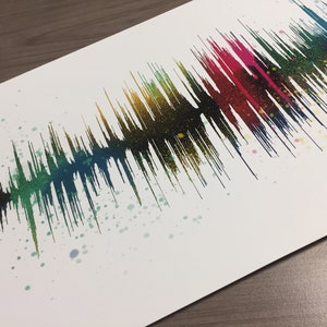 Puede incluir: Una impresi&oacute;n de onda sonora colorida sobre un fondo blanco. La onda sonora est&aacute; compuesta por una serie de l&iacute;neas verticales de diferentes colores, incluyendo rojo, naranja, amarillo, verde, azul y morado. La onda sonora est&aacute; rodeada de peque&ntilde;os puntos blancos.