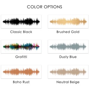 May include: Six different color options for a sound wave art print. The options are Classic Black, Brushed Gold, Graffiti, Dusty Blue, Boho Rust, and Neutral Beige.