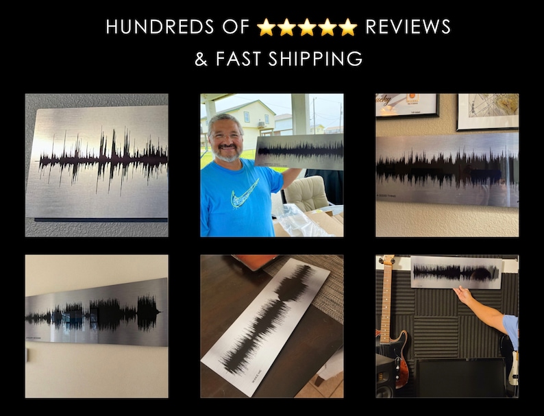 May include: A collection of five metal sound wave art prints, each featuring a unique audio waveform design. The prints are displayed on walls and surfaces in various settings, showcasing their versatility as home decor.