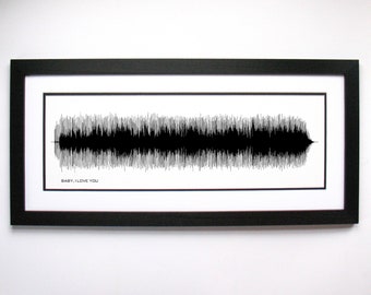 Op de afbeelding: Een zwart-wit ingelijste print van een geluidsgolf met de tekst "BABY, I LOVE YOU" onderaan.
