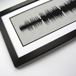 May include: A black framed print of a sound wave, a visual representation of an audio recording. The print is on a white background with a gray textured paper inside the frame.
