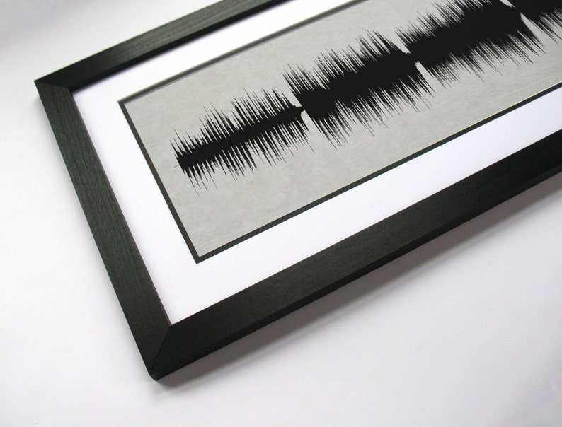 May include: A black framed print of a sound wave, a visual representation of an audio recording. The print is on a white background with a gray textured paper inside the frame.