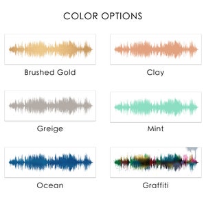 May include: Color options for a sound wave art print. The options are brushed gold, clay, greige, mint, ocean, and graffiti.