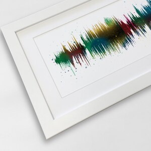 Puede incluir: Una impresi&oacute;n enmarcada con un dise&ntilde;o de onda de sonido colorido. La obra de arte presenta un vibrante espectro de colores, incluyendo verde, amarillo, rojo y azul, creando un efecto visual din&aacute;mico. La impresi&oacute;n est&aacute; encerrada en un marco blanco limpio, realzando su est&eacute;tica moderna.