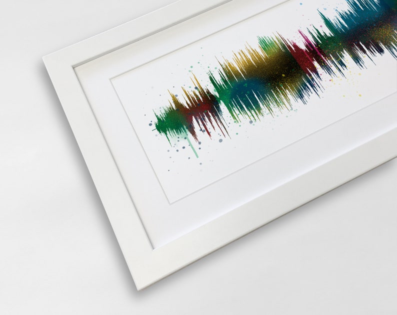 Puede incluir: Una impresi&oacute;n enmarcada con un dise&ntilde;o de onda de sonido colorido. La obra de arte presenta un vibrante espectro de colores, incluyendo verde, amarillo, rojo y azul, creando un efecto visual din&aacute;mico. La impresi&oacute;n est&aacute; encerrada en un marco blanco limpio, realzando su est&eacute;tica moderna.