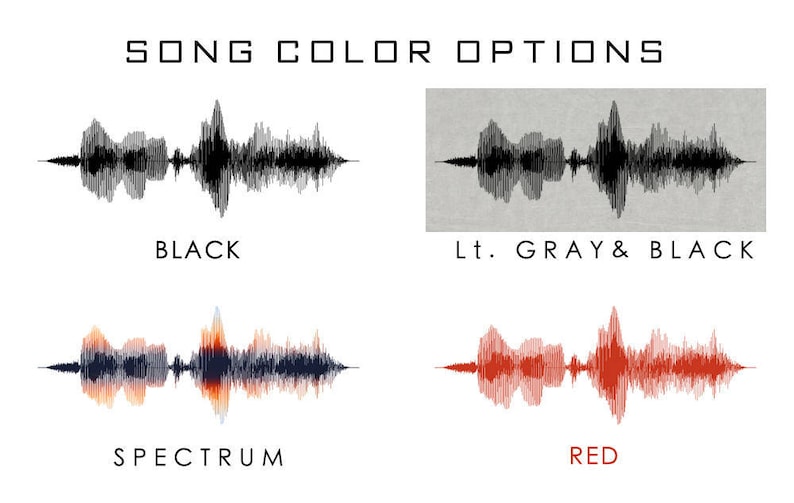 May include: Four different color options for a song visualization. The first option is black, the second is light gray and black, the third is a spectrum of colors, and the fourth is red.
