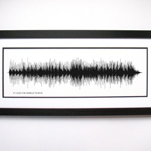 May include: A black and white framed print of a sound wave with the text "If I had the world to give" underneath.