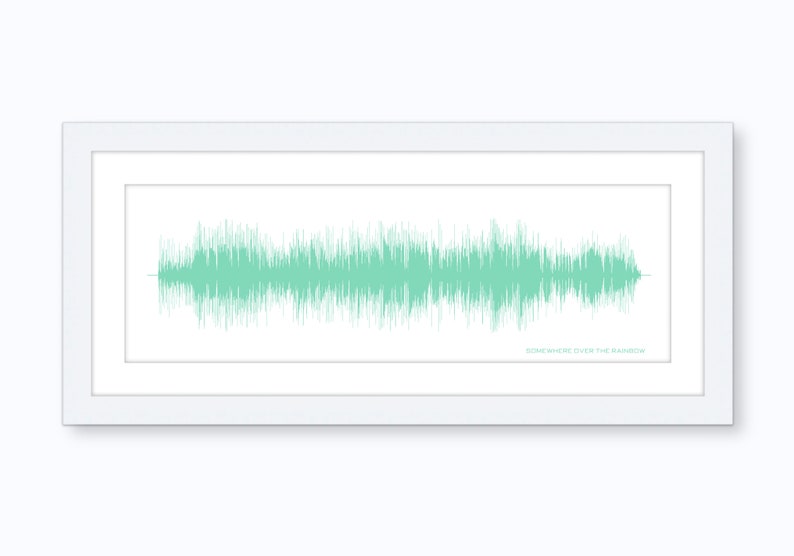Puede incluir: Impresi&oacute;n enmarcada con un dise&ntilde;o de onda de sonido turquesa. La onda de sonido est&aacute; sobre un fondo blanco y enmarcada en un marco rectangular blanco. El texto "SOMEWHERE OVER THE RAINBOW" est&aacute; impreso en turquesa en la parte inferior.