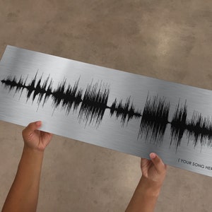 Op de afbeelding: Een zilveren metalen plaat met een zwarte geluidsgolfgrafiek. De tekst "[ YOUR SONG HERE ]" is afgedrukt in de rechterbenedenhoek van de plaat.
