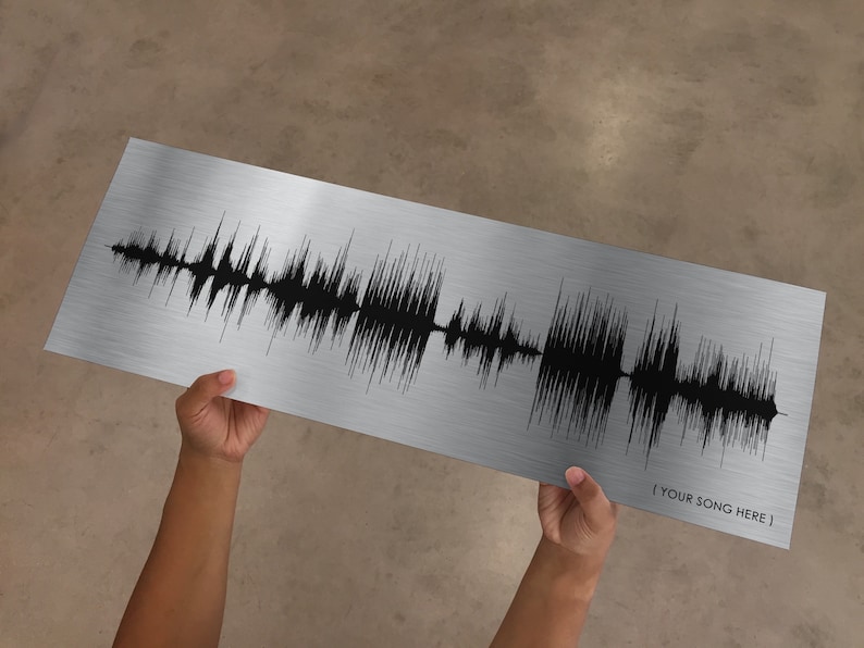 Op de afbeelding: Een zilveren metalen plaat met een zwarte geluidsgolfgrafiek. De tekst "[ YOUR SONG HERE ]" is afgedrukt in de rechterbenedenhoek van de plaat.
