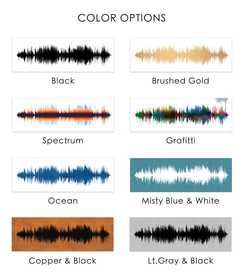 Puede incluir: Seis opciones de color diferentes para una impresi&oacute;n de arte de onda sonora. Las opciones son: Negro, Oro cepillado, Espectro, Graffiti, Oc&eacute;ano, Azul brumoso y blanco, Cobre y negro, y Gris claro y negro.